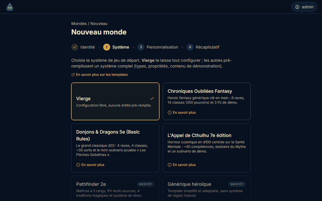 Assistant de création de monde : quatre systèmes de jeu au choix, et deux modèles annoncés mais encore indisponibles, affichés grisés.