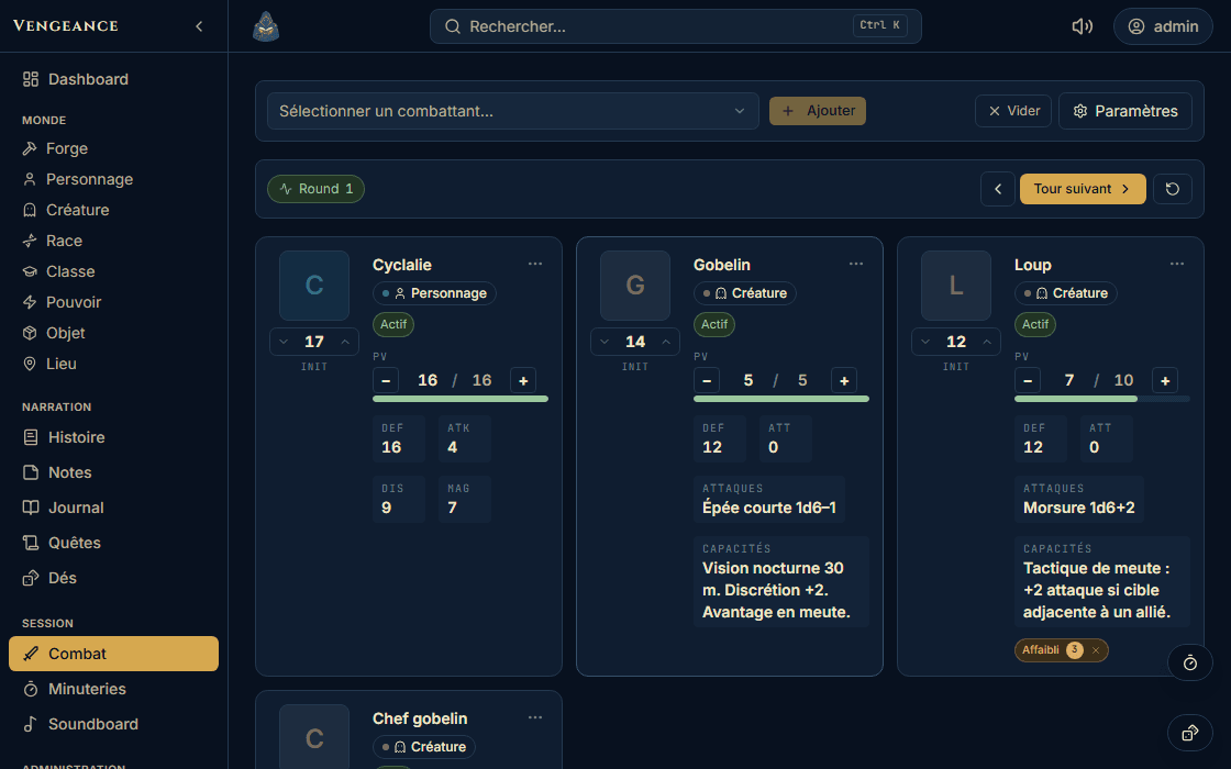 Combat scene: six participants sorted by initiative, the active turn outlined, a partly emptied hit point gauge and a “Weakened” status badge with three rounds left.