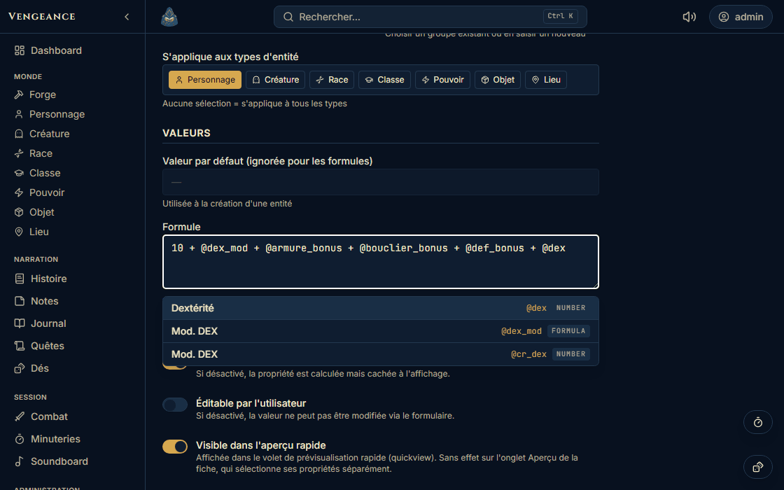 Property editor: the defence formula is written in plain text, and a suggestion list offers the available references as you type.