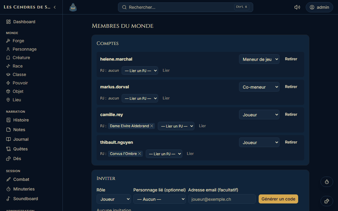 Members page: four accounts with their role (game master, co-GM, players), two of them linked to a character.