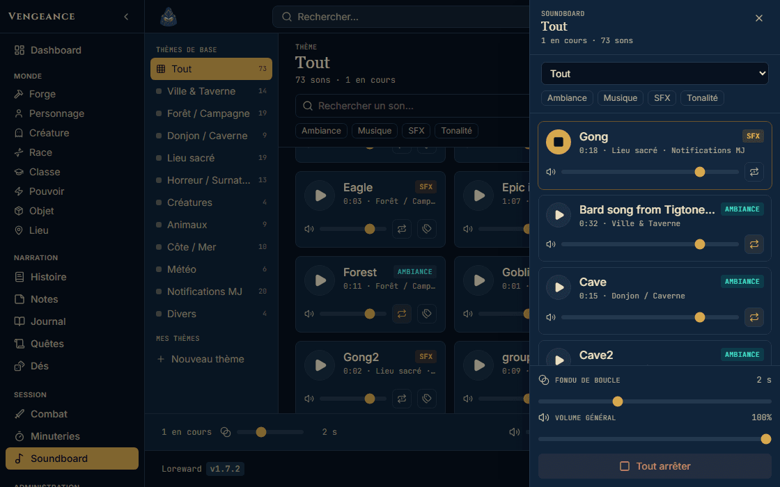 Soundboard: a library of sounds filed by theme, three of them playing with their own volume slider, and a master control bar.