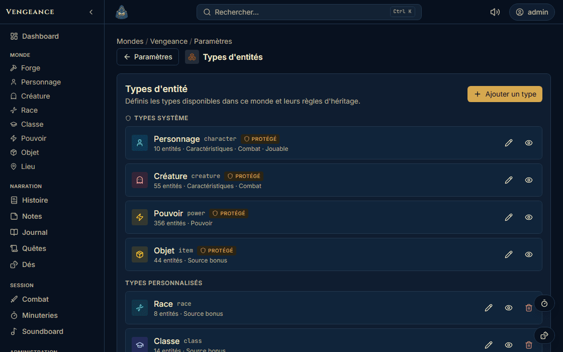 Sheet type manager: the types that ship are marked “Protected”, the types added to the world sit in a separate section.